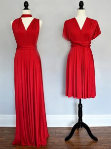 Most Popular Red V-neck Lace Up Ruching Dama Dress Sleeveless