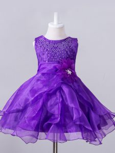 Purple Sleeveless Knee Length Beading and Hand Made Flower Zipper Little Girls Pageant Dress Wholesale