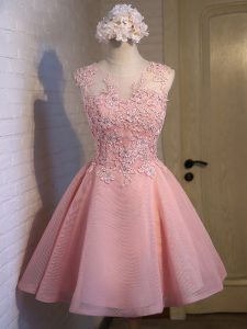 Comfortable Pink Ball Gowns Scoop Sleeveless Organza Mini Length Lace Up Lace Quinceanera Court Dresses