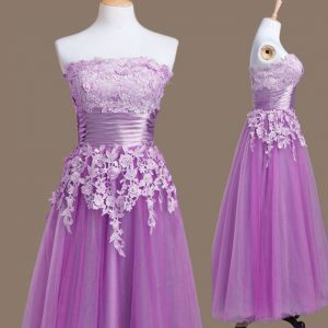 Dramatic Purple Tulle Lace Up Strapless Sleeveless Tea Length Quinceanera Dama Dress Appliques