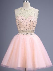 Knee Length Lace Up Quinceanera Dama Dress Peach for Prom and Party and Wedding Party with Beading