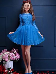 Teal A-line Chiffon Scalloped 3 4 Length Sleeve Beading and Lace and Appliques Mini Length Lace Up Quinceanera Court Dresses