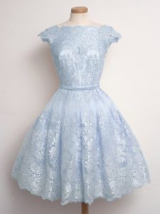 Light Blue Cap Sleeves Lace Knee Length Dama Dress for Quinceanera