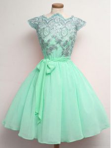Deluxe Apple Green A-line Scalloped Cap Sleeves Chiffon Knee Length Lace Up Lace and Belt Quinceanera Court Dresses