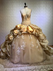 Extravagant Gold Sleeveless Beading and Appliques and Pick Ups Lace Up Quinceanera Dress