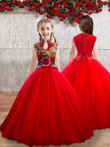 Red Sleeveless Appliques Floor Length Little Girl Pageant Gowns