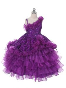 Purple Lace Up Asymmetric Lace and Ruffles and Ruffled Layers Little Girl Pageant Dress Organza Sleeveless