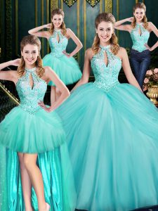 Tulle Halter Top Sleeveless Lace Up Beading and Pick Ups Sweet 16 Quinceanera Dress in Aqua Blue