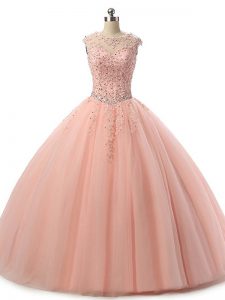 Fantastic Peach Sleeveless Beading and Lace Floor Length Quinceanera Gowns