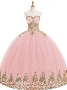 Baby Pink Ball Gowns Tulle Sweetheart Sleeveless Appliques Floor Length Lace Up Quinceanera Gowns