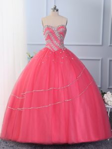 Trendy Sleeveless Tulle Floor Length Lace Up Quince Ball Gowns in Hot Pink with Beading