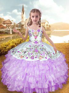 Fashionable Lilac Ball Gowns Organza and Taffeta Straps Sleeveless Embroidery and Ruffled Layers Floor Length Lace Up Pageant Gowns For Girls