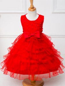 Classical Red Ball Gowns Ruffled Layers and Bowknot Little Girls Pageant Gowns Zipper Organza Sleeveless Tea Length