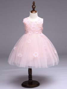 Baby Pink Sleeveless Appliques and Bowknot Knee Length Little Girl Pageant Dress