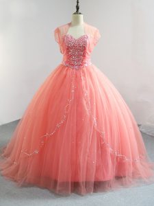 Adorable Watermelon Red Sleeveless Tulle Lace Up Quinceanera Gown for Sweet 16 and Quinceanera
