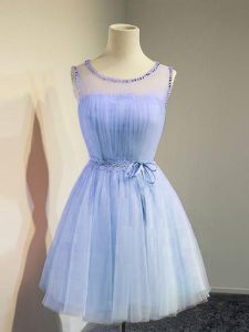 Sweet Sleeveless Tulle Knee Length Lace Up Quinceanera Court of Honor Dress in Lavender with Belt