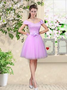 Knee Length Lilac Dama Dress for Quinceanera V-neck Cap Sleeves Lace Up