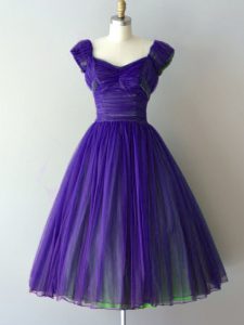 Delicate Purple Chiffon Lace Up V-neck Cap Sleeves Knee Length Court Dresses for Sweet 16 Ruching