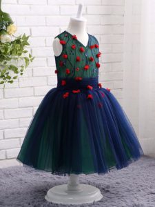 Eye-catching Navy Blue Sleeveless Knee Length Lace and Appliques Zipper Kids Formal Wear
