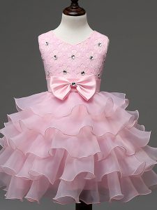 Amazing Baby Pink Ball Gowns Organza Scoop Sleeveless Lace and Ruffled Layers and Bowknot Knee Length Zipper Little Girls Pageant Dress