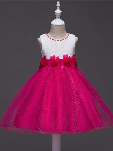 Cheap Ball Gowns Pageant Gowns For Girls Hot Pink Scoop Tulle Sleeveless Knee Length Zipper