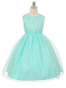Apple Green Tulle Lace Up Scoop Sleeveless Knee Length Kids Formal Wear Beading