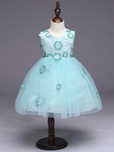 Enchanting Apple Green Sleeveless Appliques and Bowknot Knee Length Little Girls Pageant Dress