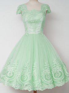 Lace Dama Dress for Quinceanera Apple Green Zipper Cap Sleeves Knee Length