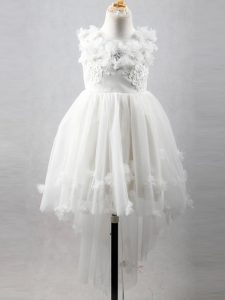 Beauteous White Tulle Lace Up Little Girl Pageant Dress Sleeveless High Low Appliques