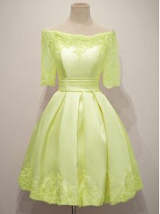 Fancy Yellow Half Sleeves Taffeta Lace Up Quinceanera Court Dresses for Prom and Party and Wedding Party