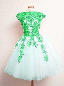 Tulle Scalloped Sleeveless Lace Up Appliques Quinceanera Dama Dress in White