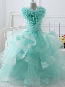 Top Selling Tulle High-neck Sleeveless Zipper Ruffles and Hand Made Flower Kids Formal Wear in Apple Green
