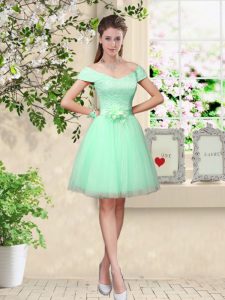 Dynamic Apple Green Cap Sleeves Tulle Lace Up Damas Dress for Prom and Party