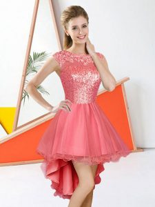 Watermelon Red Quinceanera Dama Dress Prom and Party with Beading and Lace Bateau Sleeveless Backless
