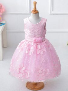 Baby Pink Scoop Neckline Appliques and Hand Made Flower Little Girl Pageant Gowns Sleeveless Zipper