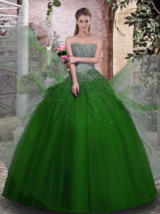 Green Ball Gowns Tulle Strapless Sleeveless Beading Floor Length Lace Up Quinceanera Gown