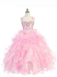 Simple Baby Pink Spaghetti Straps Lace Up Beading and Ruffles Girls Pageant Dresses Sleeveless