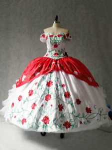 Off The Shoulder Cap Sleeves Quinceanera Gown Floor Length Embroidery and Ruffles White And Red Organza and Taffeta