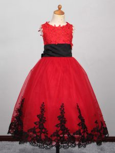 Red Ball Gowns Appliques Kids Formal Wear Lace Up Tulle Sleeveless Floor Length