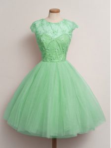 Dramatic Turquoise Ball Gowns Tulle Scoop Cap Sleeves Lace Knee Length Lace Up Dama Dress for Quinceanera