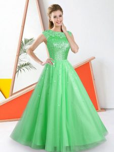 Popular Green Backless Quinceanera Court of Honor Dress Beading and Lace Sleeveless Floor Length