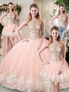 Pretty Floor Length Peach 15 Quinceanera Dress Tulle Sleeveless Beading and Lace and Appliques