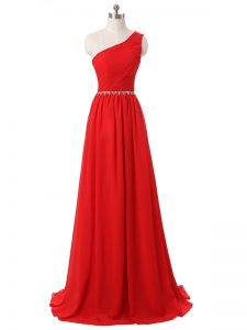 Lovely Red One Shoulder Side Zipper Beading and Ruching Quinceanera Court Dresses Sleeveless
