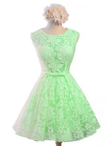 A-line Quinceanera Court of Honor Dress Green Scoop Lace Sleeveless Knee Length Lace Up
