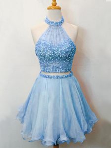 Fine Sleeveless Knee Length Beading Lace Up Quinceanera Court Dresses with Blue