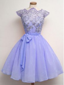 Lavender A-line Lace and Belt Quinceanera Court of Honor Dress Lace Up Chiffon Cap Sleeves Knee Length