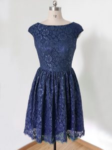 Graceful Lace Dama Dress Royal Blue Lace Up Cap Sleeves Knee Length