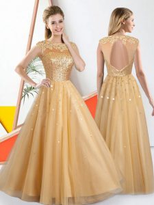 Wonderful Champagne Sleeveless Tulle Backless Court Dresses for Sweet 16 for Prom and Party