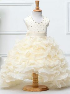 Sleeveless Organza High Low Zipper Little Girls Pageant Dress Wholesale in Champagne with Beading and Ruffles