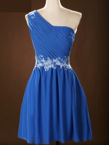 New Arrival Chiffon One Shoulder Sleeveless Zipper Appliques and Ruching Dama Dress for Quinceanera in Blue